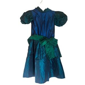 Sylvia Whyte Kids Party Dress Size 8 Blue Green Iridescent‎ Puff Sleeve Bow